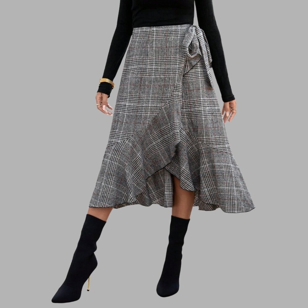 Plaid Ruffle Trim Wrap Knot Side Skirt